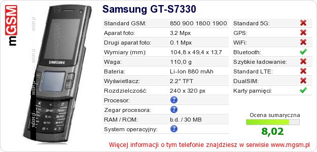 Dane telefonu Samsung GT-S7330 Dane telefonu Samsung GT-S7330
