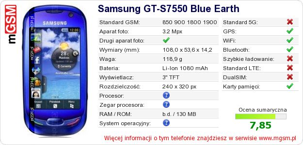 Dane telefonu Samsung GT-S7550 Blue Earth Dane telefonu Samsung GT-S7550 Blue Earth