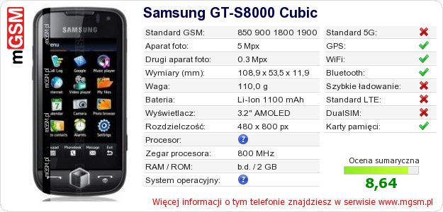 Dane telefonu Samsung GT-S8000 Cubic