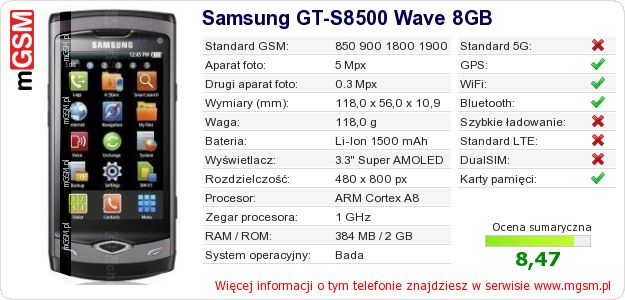 Dane telefonu Samsung GT-S8500 Wave 8GB