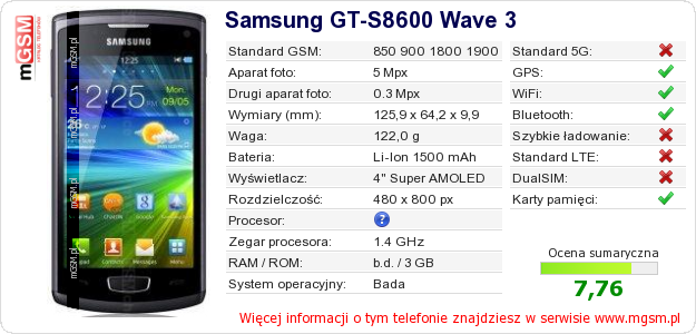 Dane telefonu Samsung GT-S8600 Wave 3 Dane telefonu Samsung GT-S8600 Wave 3