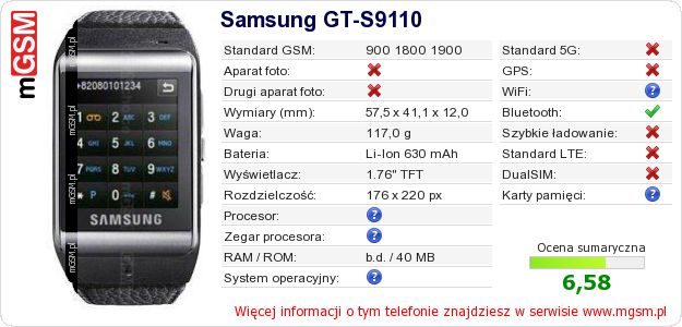 Dane telefonu Samsung GT-S9110 Dane telefonu Samsung GT-S9110