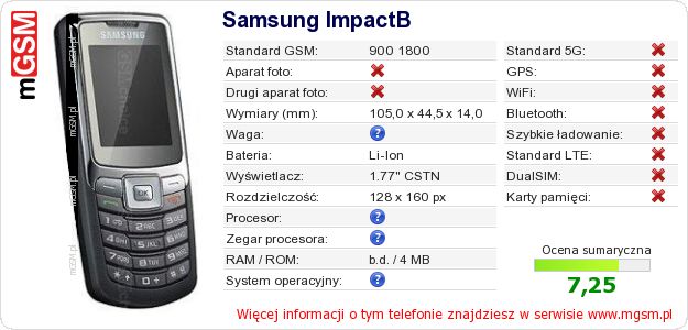 Dane telefonu Samsung ImpactB