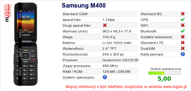 Dane telefonu Samsung M400