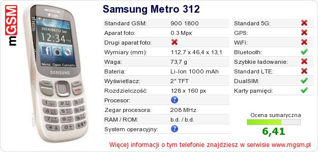 Dane telefonu Samsung Metro 312 Dane telefonu Samsung Metro 312