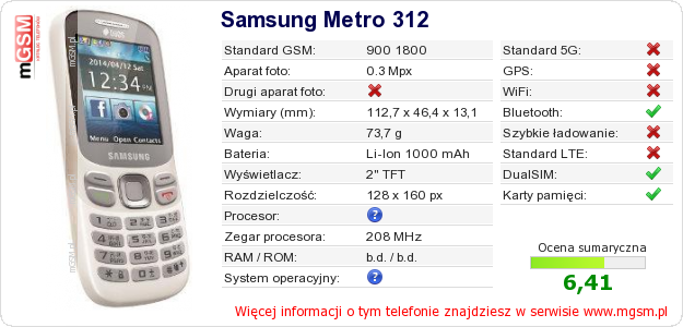 Dane telefonu Samsung Metro 312 Dane telefonu Samsung Metro 312