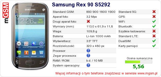 Dane telefonu Samsung Rex 90 S5292 Dane telefonu Samsung Rex 90 S5292