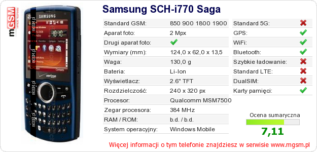 Dane telefonu Samsung SCH-i770 Saga