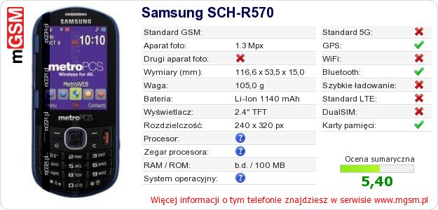 Dane telefonu Samsung SCH-R570 Dane telefonu Samsung SCH-R570