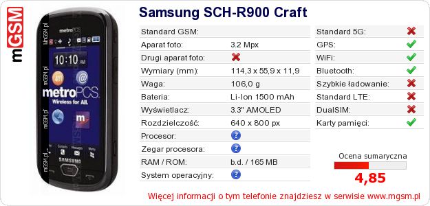 Dane telefonu Samsung SCH-R900 Craft