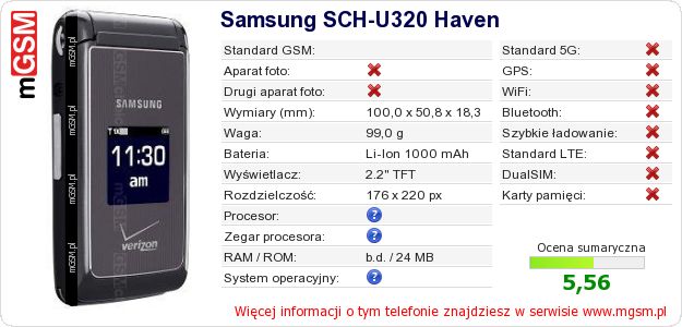 Dane telefonu Samsung SCH-U320 Haven