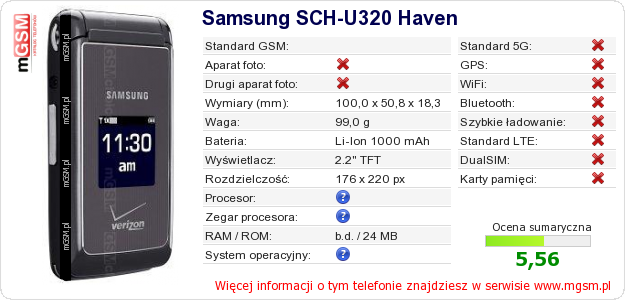 Dane telefonu Samsung SCH-U320 Haven