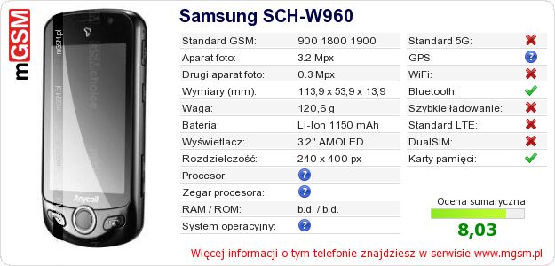 Dane telefonu Samsung SCH-W960