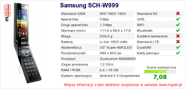 Dane telefonu Samsung SCH-W999