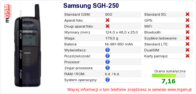 Dane telefonu Samsung SGH-250 Dane telefonu Samsung SGH-250