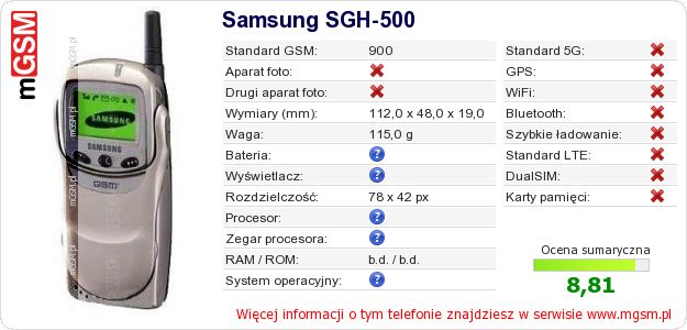 Dane telefonu Samsung SGH-500