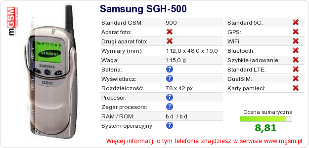 Dane telefonu Samsung SGH-500 Dane telefonu Samsung SGH-500