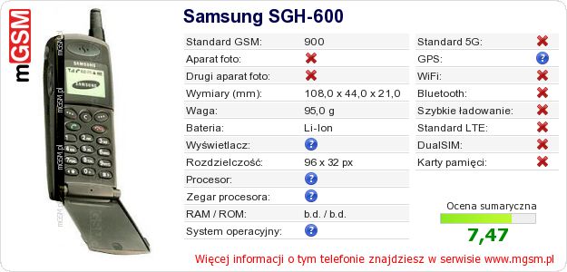 Dane telefonu Samsung SGH-600 Dane telefonu Samsung SGH-600