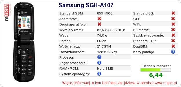 Dane telefonu Samsung SGH-A107 Dane telefonu Samsung SGH-A107