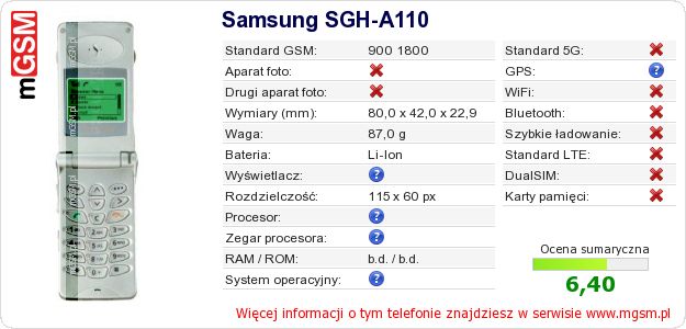 Dane telefonu Samsung SGH-A110