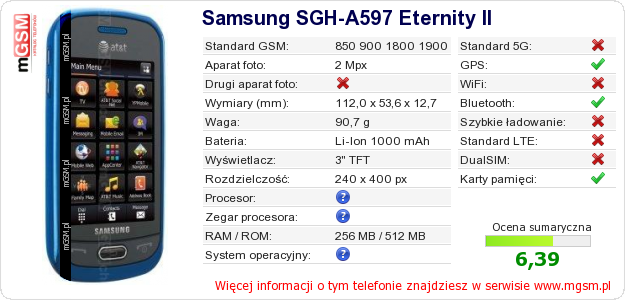 Dane telefonu Samsung SGH-A597 Eternity II Dane telefonu Samsung SGH-A597 Eternity II