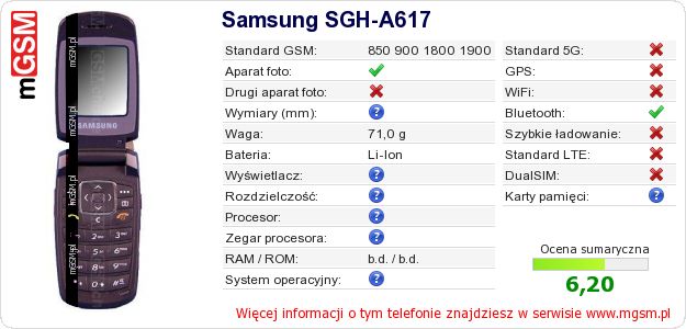 Dane telefonu Samsung SGH-A617 Dane telefonu Samsung SGH-A617
