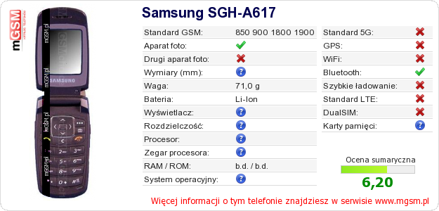 Dane telefonu Samsung SGH-A617