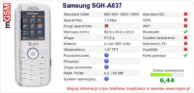 Dane telefonu Samsung SGH-A637 Dane telefonu Samsung SGH-A637