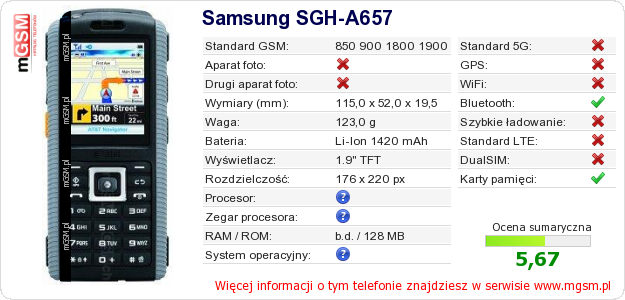 Dane telefonu Samsung SGH-A657