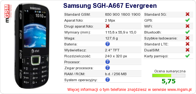 Dane telefonu Samsung SGH-A667 Evergreen