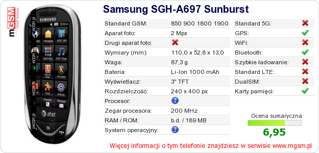 Dane telefonu Samsung SGH-A697 Sunburst
