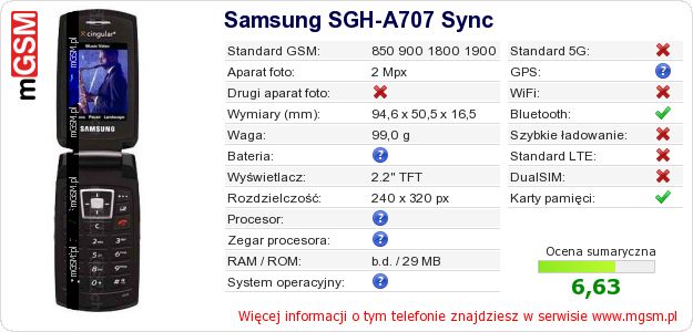 Dane telefonu Samsung SGH-A707 Sync Dane telefonu Samsung SGH-A707 Sync