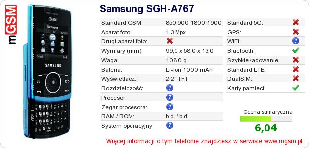 Dane telefonu Samsung SGH-A767