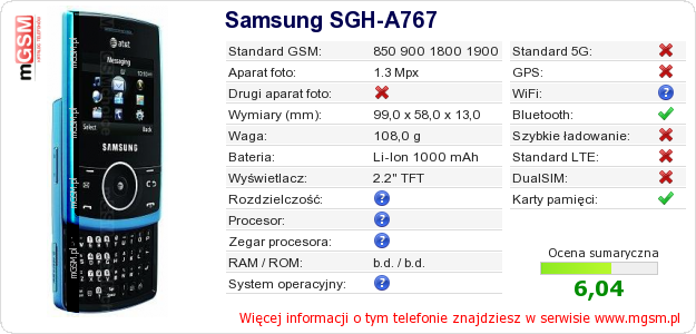 Dane telefonu Samsung SGH-A767 Dane telefonu Samsung SGH-A767