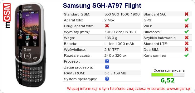 Dane telefonu Samsung SGH-A797 Flight Dane telefonu Samsung SGH-A797 Flight