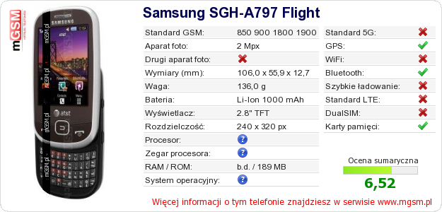 Dane telefonu Samsung SGH-A797 Flight