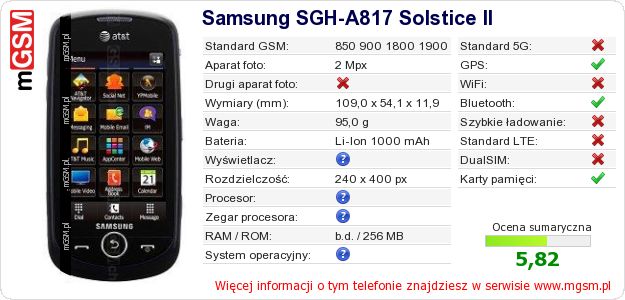 Dane telefonu Samsung SGH-A817 Solstice II