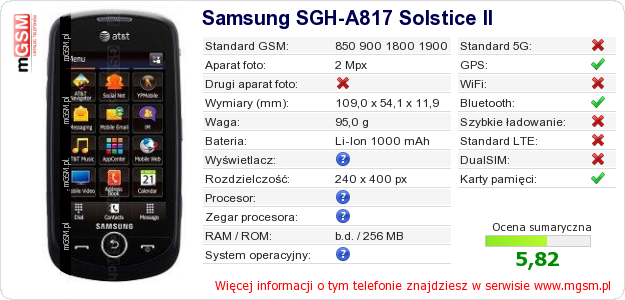 Dane telefonu Samsung SGH-A817 Solstice II