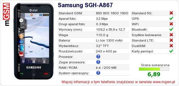 Dane telefonu Samsung SGH-A867 Dane telefonu Samsung SGH-A867