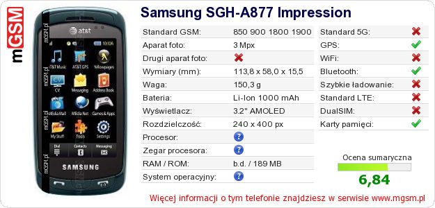 Dane telefonu Samsung SGH-A877 Impression Dane telefonu Samsung SGH-A877 Impression