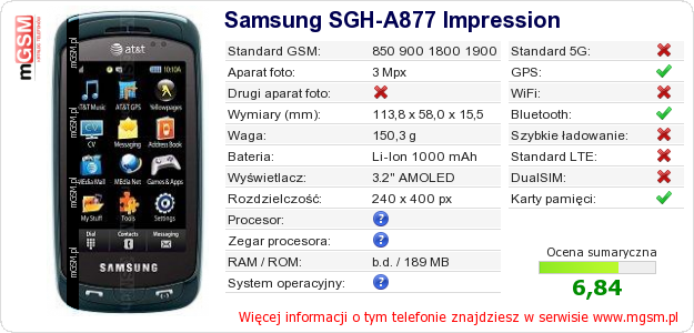 Dane telefonu Samsung SGH-A877 Impression