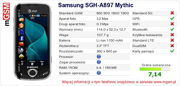 Dane telefonu Samsung SGH-A897 Mythic