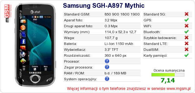 Dane telefonu Samsung SGH-A897 Mythic