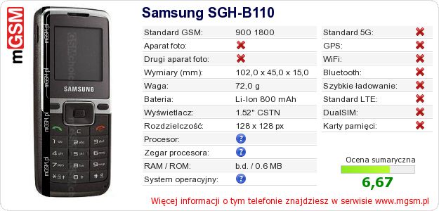 Dane telefonu Samsung SGH-B110