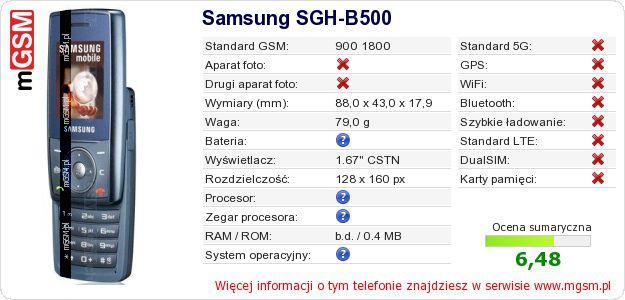 Dane telefonu Samsung SGH-B500