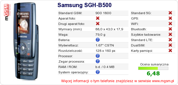 Dane telefonu Samsung SGH-B500