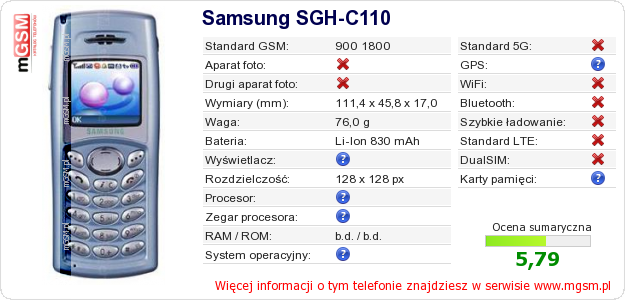 Dane telefonu Samsung SGH-C110 Dane telefonu Samsung SGH-C110