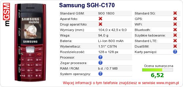 Dane telefonu Samsung SGH-C170 Dane telefonu Samsung SGH-C170