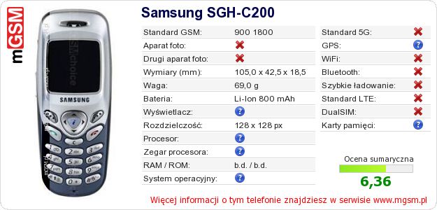 Dane telefonu Samsung SGH-C200 Dane telefonu Samsung SGH-C200