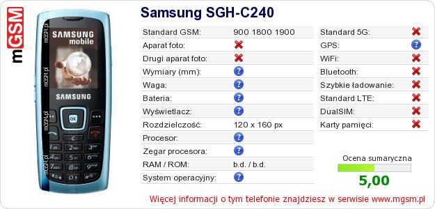 Dane telefonu Samsung SGH-C240 Dane telefonu Samsung SGH-C240
